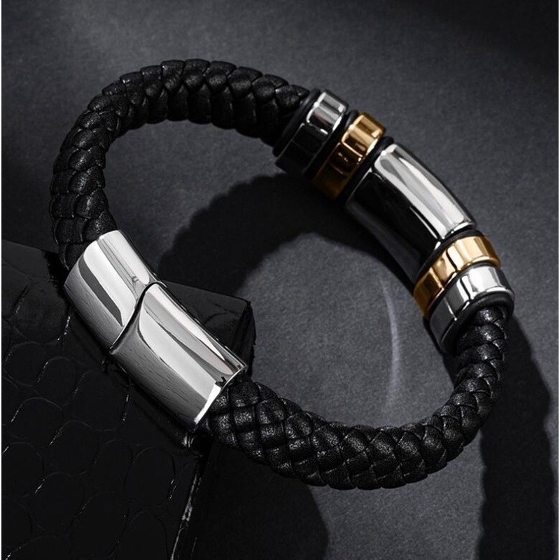 [Z H Jewelry] Hip Hop Rock Retro Pria Fashion Gelang Kulit Stainless Steel Perhiasan Aksesoris