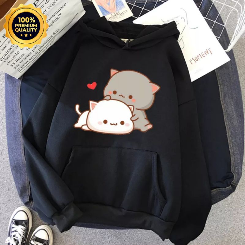 Hoodie Sweater Jaket Oversize Distro Atasan Wanita Korean Style Kartun Kucing Lucu Murah Kekinian