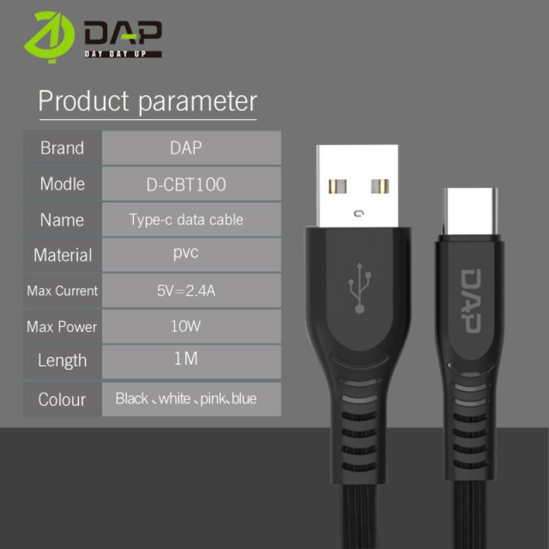 Kabel Charger DAP Type C 2.4A D-CBT100 Fast Charging Original