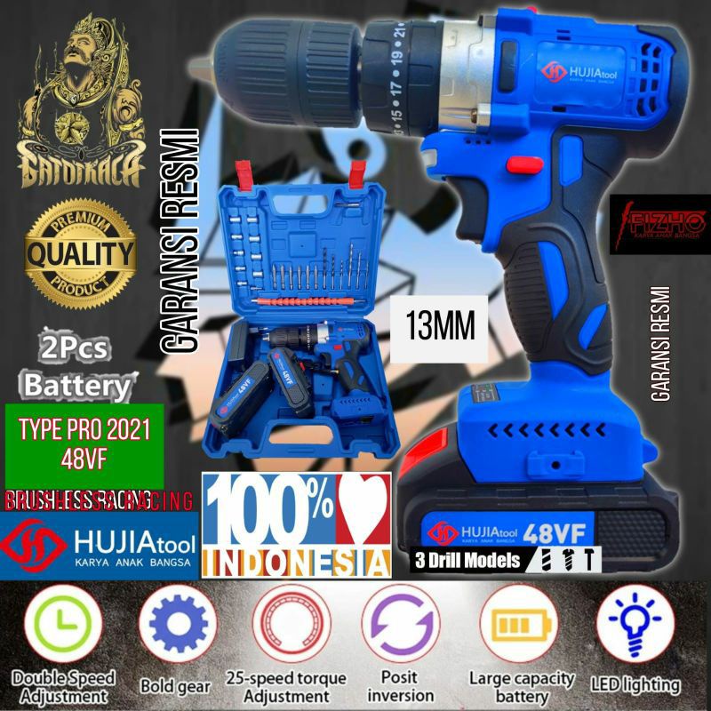Mesin bor baterai hujia type pro 2021 48vf brushless cordless tanpa kabel fast charging,s