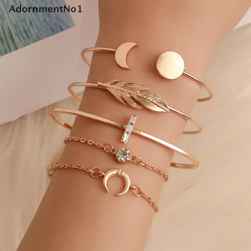 (AdornmentNo1) 5pcs / set Gelang Tangan Terbuka Gaya Bohemian Motif Daun + Bulan + Hollow Untuk Perhiasan Wanita / Pantai