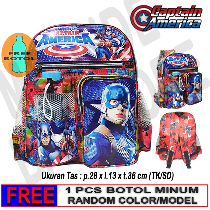 Tas Ransel Sekolah Anak TK / SD karakter Captain America free botol // Tas ransel Captain America