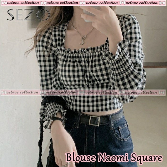 ZAZA_FASHION Baju Atasan Wanita Terbaru 2021 IMPORT Real Pict Naomi square Putih hitam [Baju A 93UUP