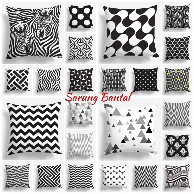 SARUNG BANTAL SOFA PRINT HITAM PUTIH MONOKROM BLACK WHITE ABSTRAK 40X40 CM