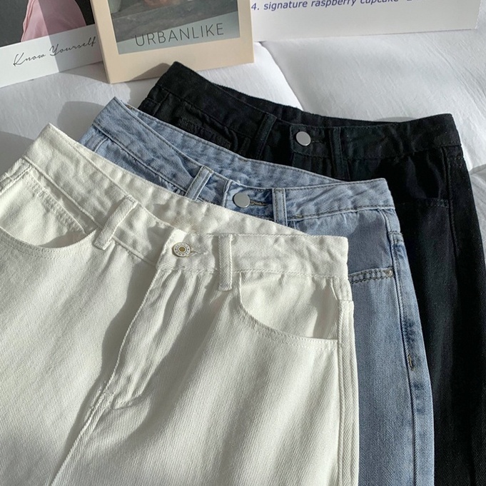 Highwaist Celana Jeans Wanita Straight Loose Krem/Biru/Hitam