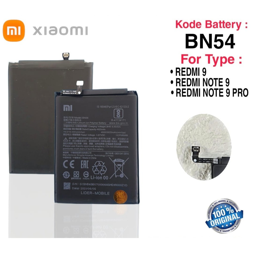 Baterai Battery Original Xiaomi Redmi 9 , Redmi Note 9 , Note 9 Pro , Redmi Note 10 Pro , BN54 BN-54