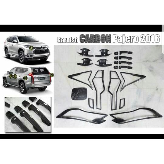 PAJERO SPORT 2016 UP PAKET COVER GARNISH FULL SET CARBON GLOSSY