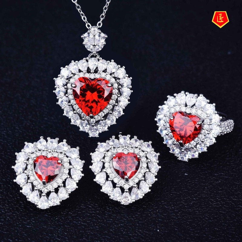 [Ready Stock]Heart-Shaped Natural Red Garnet Necklace Ring Earings Set