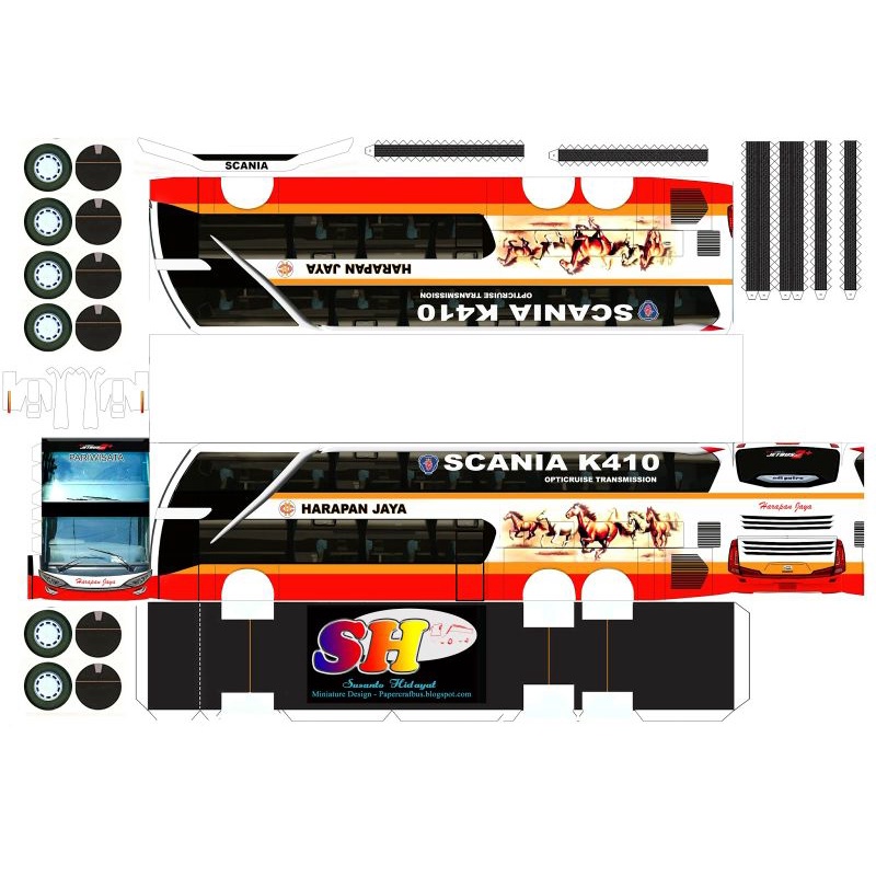 pola stiker miniatur bus harapan jaya doble decker bahan stiker