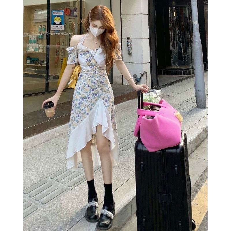 Desain ceruk pinggang dan gaun halter bunga tipis 2022 rok fishtail setengah bahu baru satu bahu