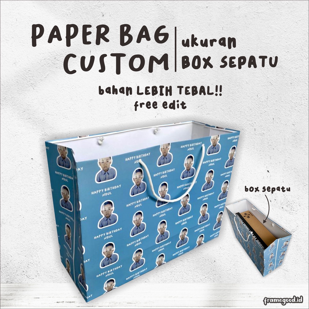 

PAPERBAG CUSTOM FOTO uk BOX SEPATU / kertas tebal / totebag tote bag paper bag muka wajah teman free edit kpop cetak desain tas kado besar kecil