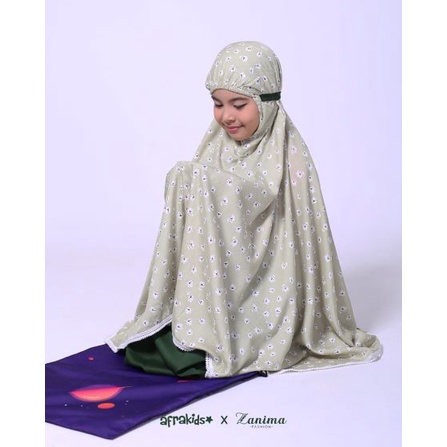 Mukena Anak Afrakids Motif Bunga Warna Hijau Bahan Rayon Viscose