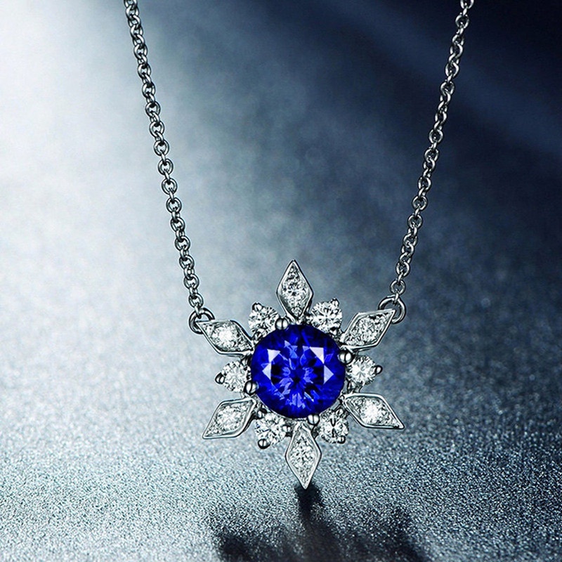 Kalung Desain Bunga CZ Warna Biru Untuk Wanita