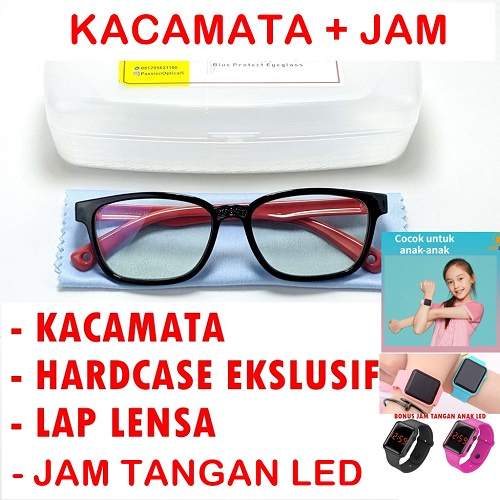 Kacamata Anak Anti Radiasi Perempuan Laki Laki  Hp Komputer Blueray Sinar Biru Blue Light Lentur-KACAMATA + JAM LED