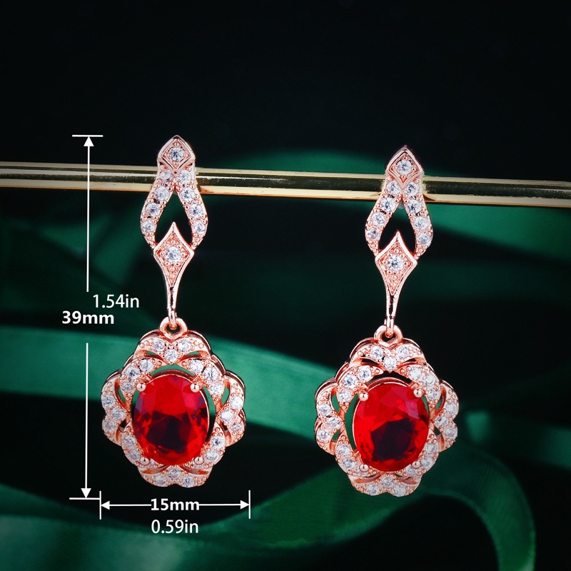 Anting Drop Panjang Bentuk Oval Kubik Zirkon Warna Merah Gaya Klasik Untuk Wanita