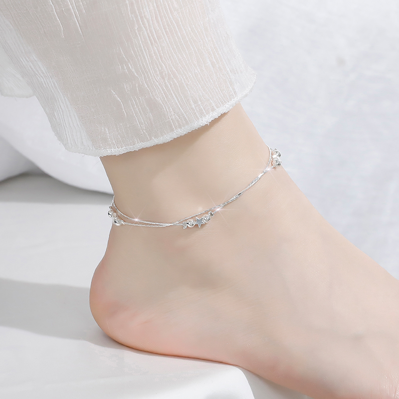 Gelang Kaki Rantai Silver Multi Layer Wanita Hias Manik Bintang Gaya Korea Untuk Pantai/Hadiah