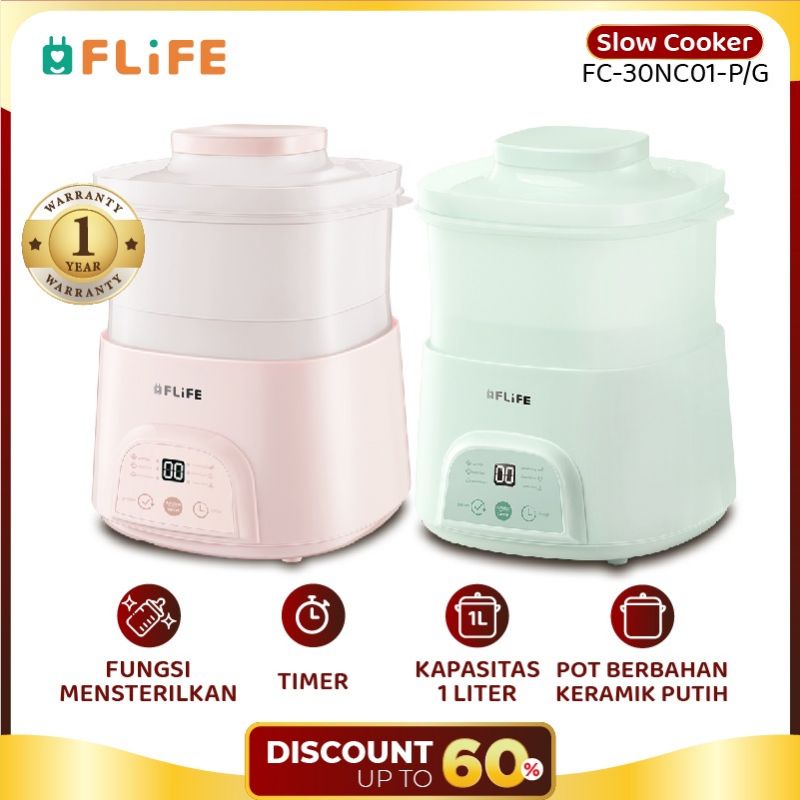 Flife Slow Cooker 1L / Kukusan 6 in 1 Untuk Memasak Bubur Bayi / Makanan Sehat