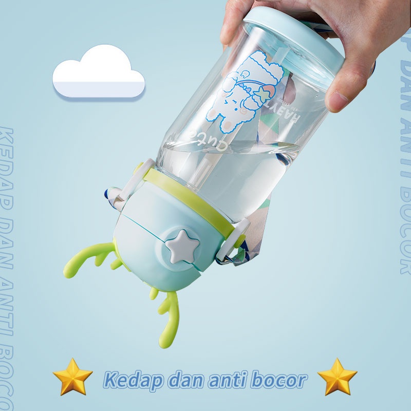 Letyeah &amp; Kaizenliving Botol minum anak 600ml bpa free / botol minum lucu sedotan dengan tali