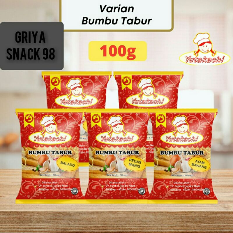 

Varian Bumbu Tabur 100 Gram Yutakachi / Bubuk Tabur Aneka Rasa (BBQ / Balado / Ayam bawang / Sapi Panggang / Pedas Manis / Jagung Manis / Jagung Bakar / Pizza / Keju) Bumbu Tabur Premium