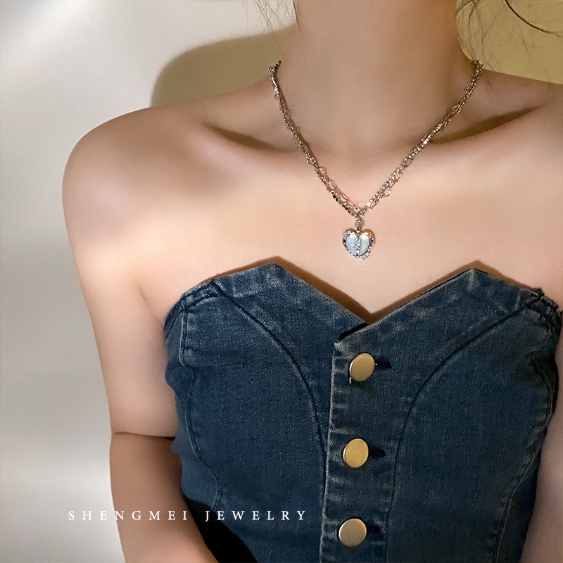 Kalung Choker Rantai Ganda Hias Liontin Hati Kristal Mutiara Warna Silver Untuk Wanita