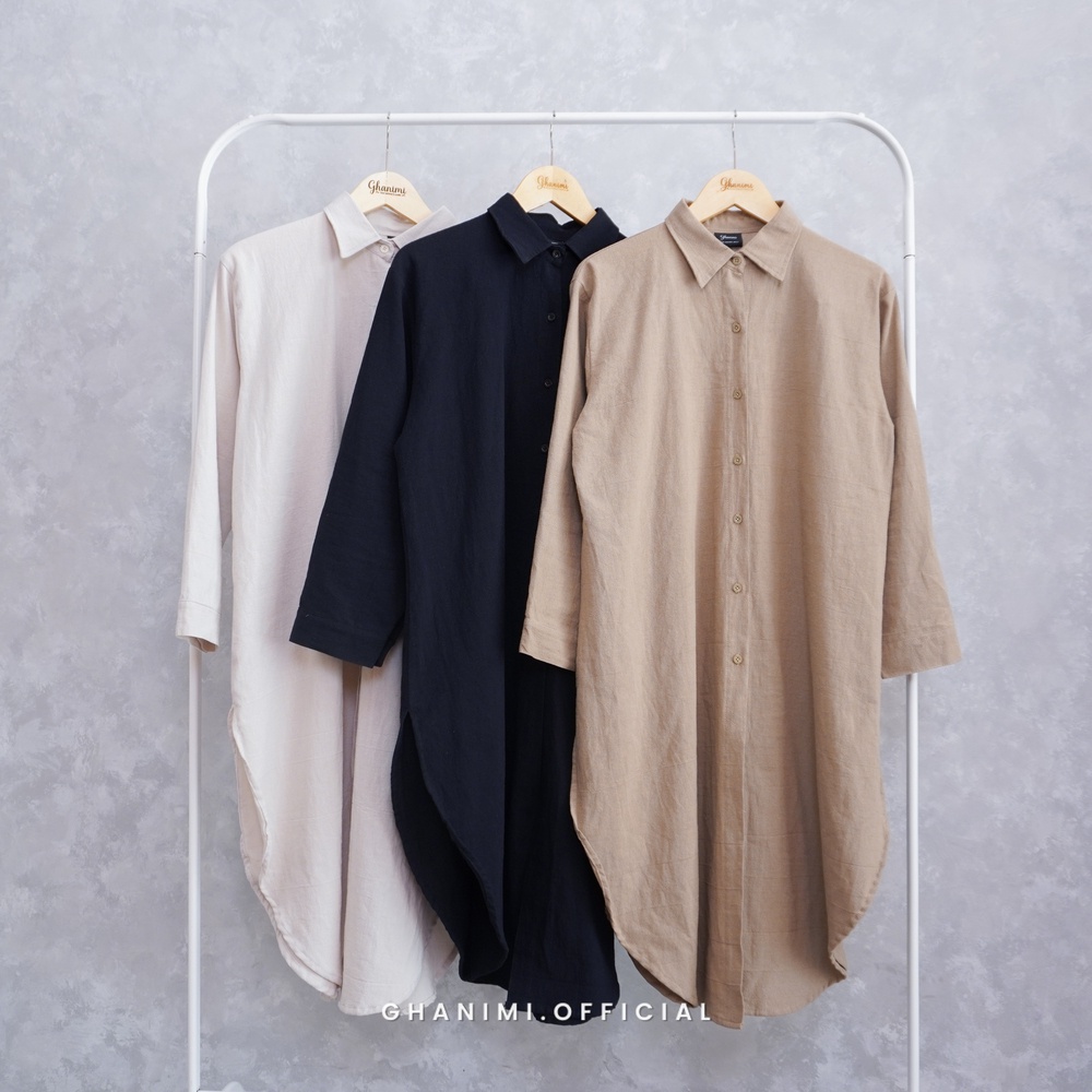 Ghanimi - Arsy Tunik / Tunik Linen Polos / tunik katun / tunik panjang / kemeja tunik / kemeja kerja / tunik kerja / kemeja polos / atasan kerja / kemeja timeless / kemeja casual kasual formal