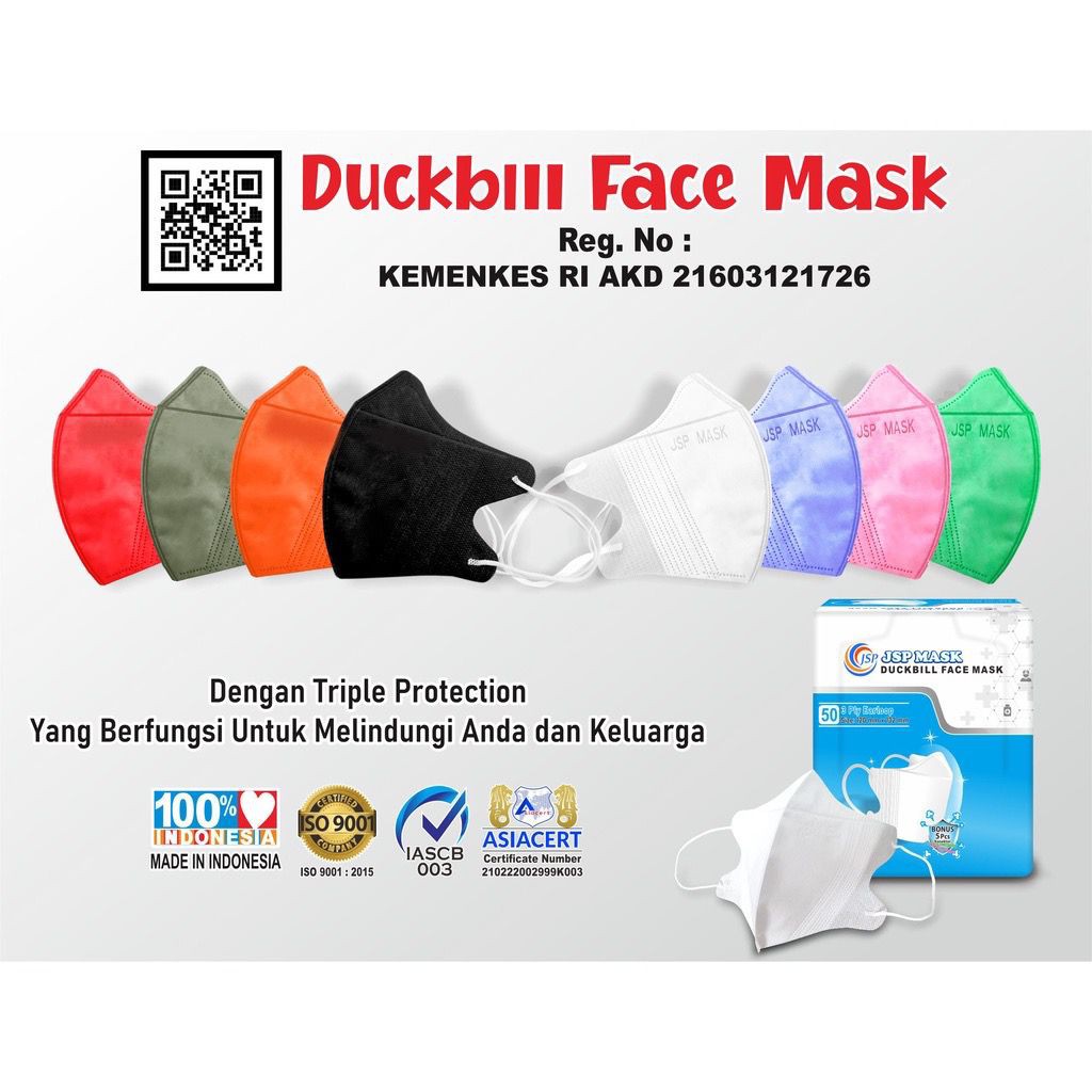 MASKER DUCKBILL JSP MASK BOX ISI 50 ORIGINAL EARLOOP KONEKTOR