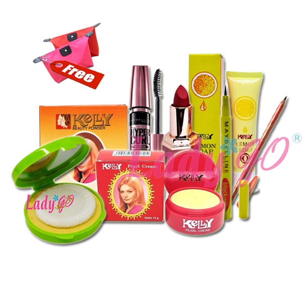 Paket Kecantikan 7 IN 1 - Eyeliner - Mascara Hitam - Viva - Lipstik Dan Kelly Kosmetik -Cream- Bedak -Lemon GRATIS 1 PC TAS KOSMETIK