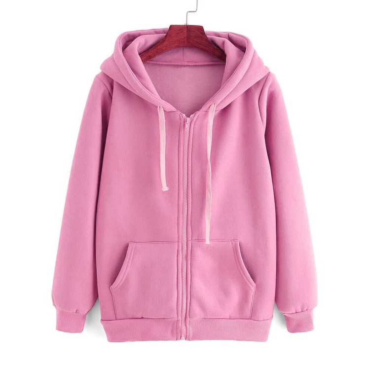 Jaket Hoodie Wanita Polos Oversize Lengan Panjang Babyterry-Pink