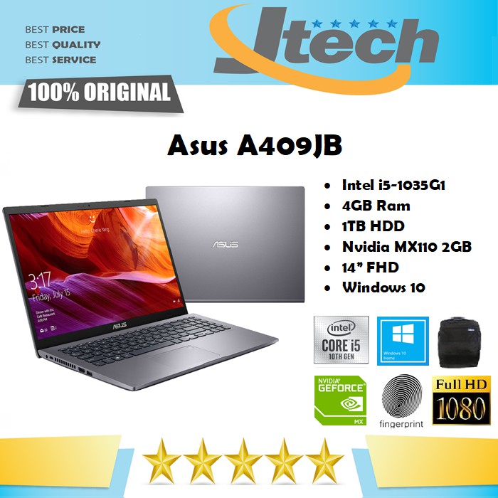 Asus A409JB - Intel i5-1035G1 - 4GB - 1TB - MX110 2GB - Win10 - Resmi