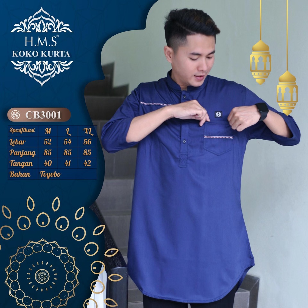 HMS baju muslim pria lengan tiga perempat baju muslim kurta warna navy art KODE CB3001