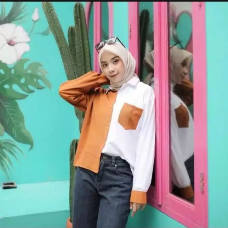 Kemeja Wanita Polos Casual Blouse Basic Kombinasi Warna Lengan Panjang Kekinian  Moscrepe-6