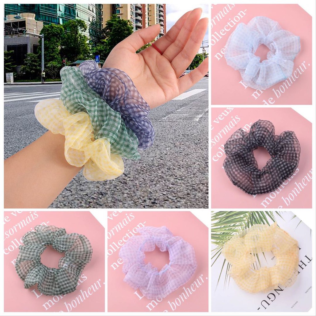 Ikat Rambut Scrunchie Elastis Motif Kotak-Kotak / Ikat Rambut Ponytail Elastis Bahan Satin