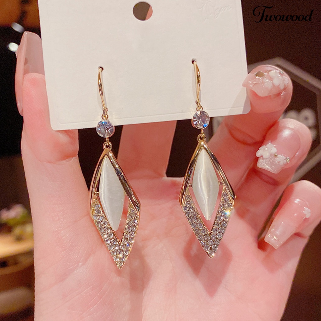 Twowood 1 Pair Rhinestone Shiny Drop Earrings Alloy Faux Opal Rhombus Pendant Hook Earrings Party Jewelry