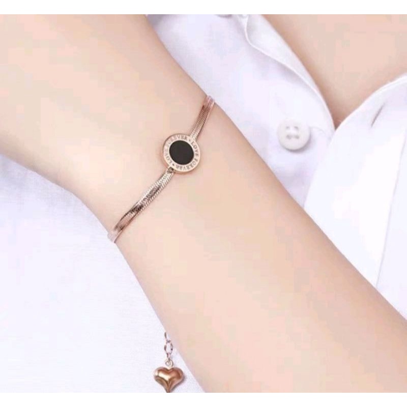 GELANG TITANIUM ROSE GOLD GEPENG PERMATA HITAM