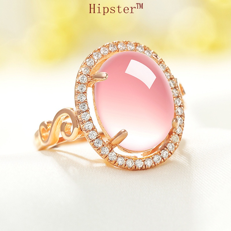 Elegant Ethnic Antique Rose Gold Egg-Shaped Pink Crystal Hand Adjustable Ring