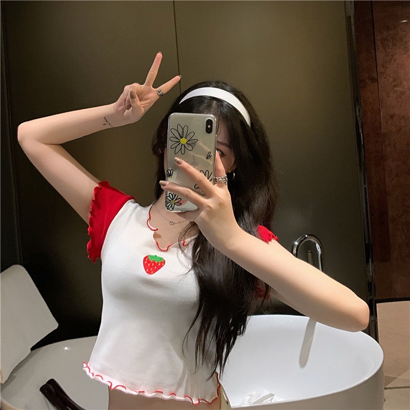 Kecil V-neck T-shirt chic perempuan musim panas pakaian luar bersih merah mschf Hong Kong rasa lengan pendek paragraf pendek Hyun Ya angin strawberry top
