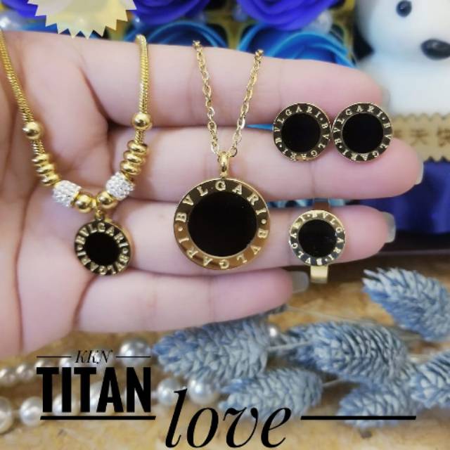 PROMO Set Perhiasan TITANIUM Anti Karat Gelang Kalung Anting Cincin Bvlgari Modis Xuping Gold Mewah