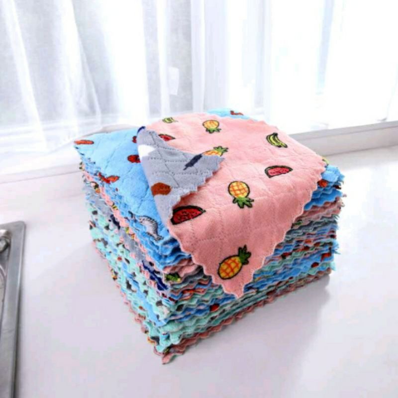 Kain lap piring microfiber anti minyak ukuran 25x25 bahan coral fleece elap topo