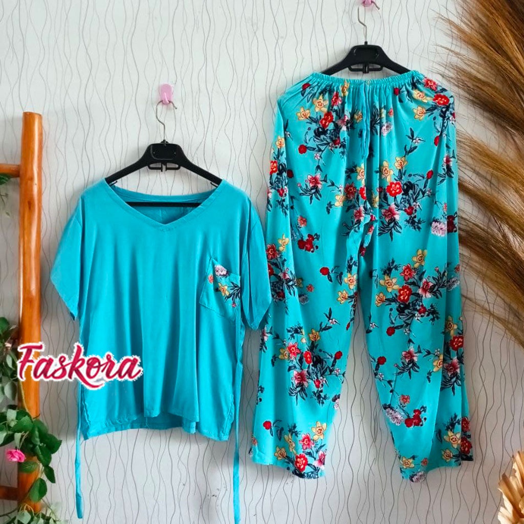 Piyama Wanita Jumbo Murah Dewasa Lengan Pendek Rayon Premium Kombinasi Akasia Pajamas Set Polos