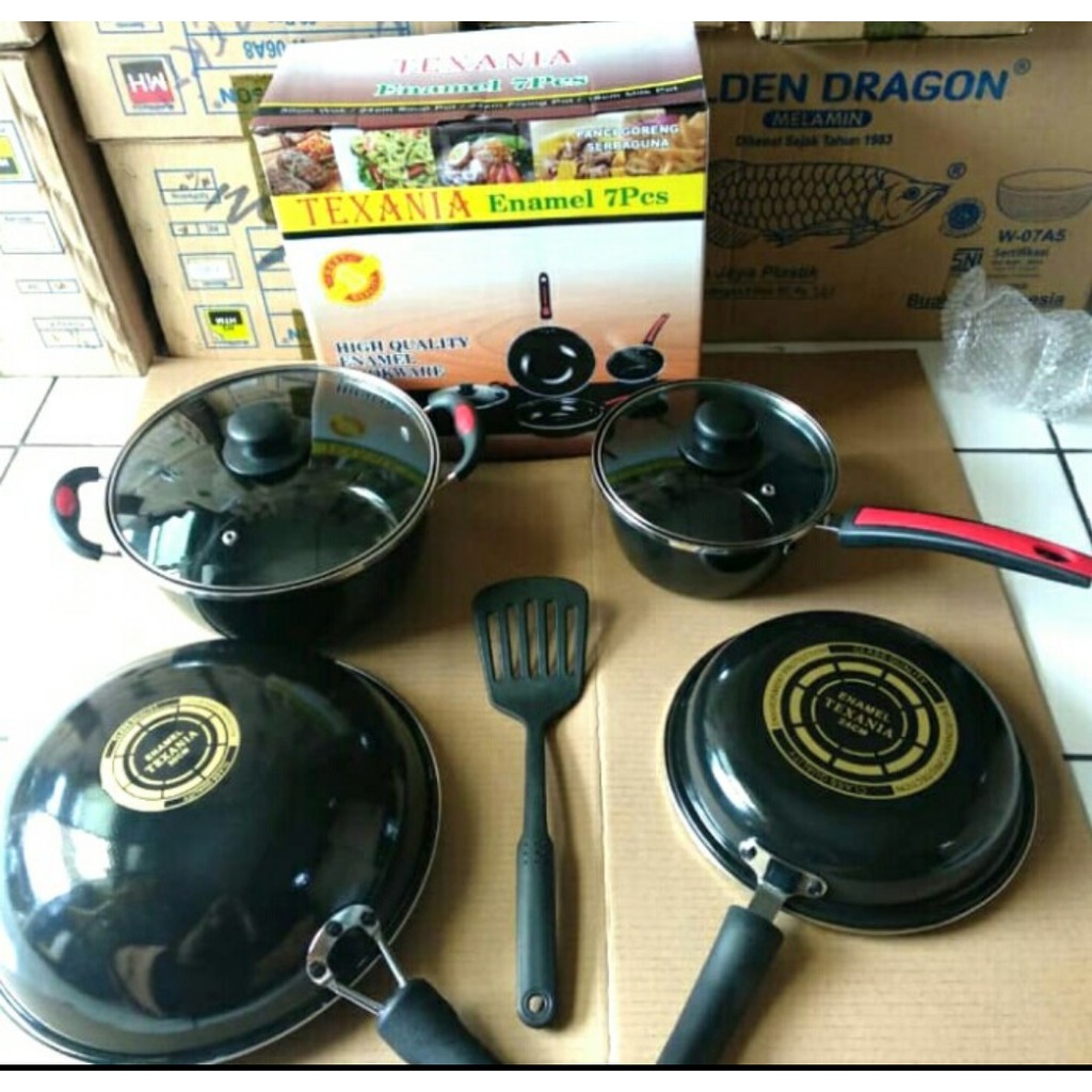 Panci Set / Cookware Set Texania 7 Pcs Hitam Enamel High Quality Panci Penggorengan Set 7in1 7 in 1