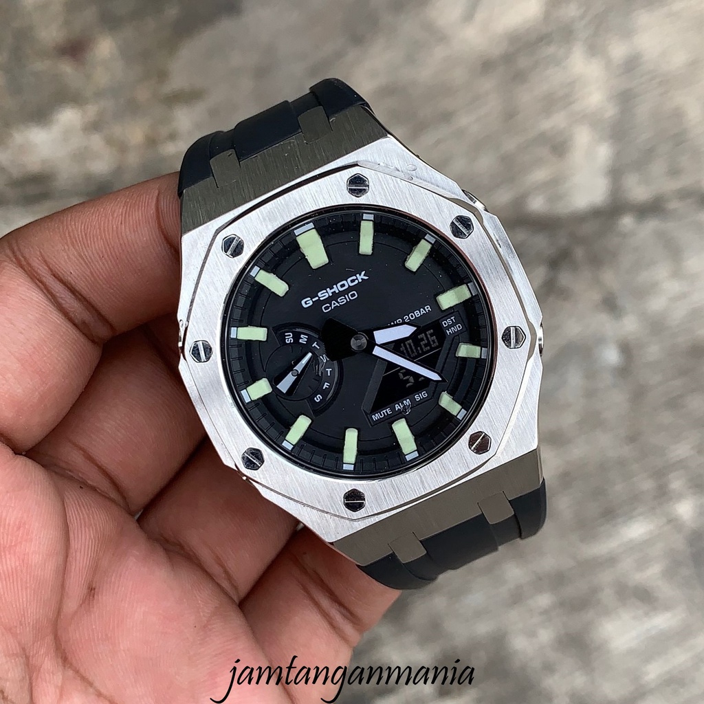 Jam Tangan G-Shock GA2100 GA-2100 GA 2100 Original Custom Black Rubber Strap Bezel Silver Stainless 