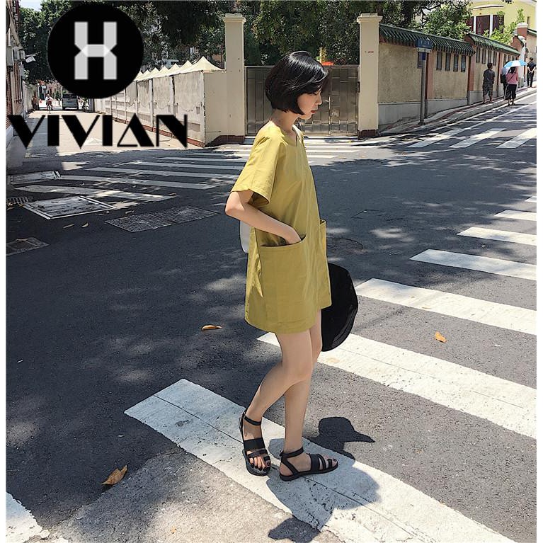 [VIVIAN] Dress Longgar Gaya Korea V-Neck Backless Lengan Panjang dengan Saku Besar untuk Wanita