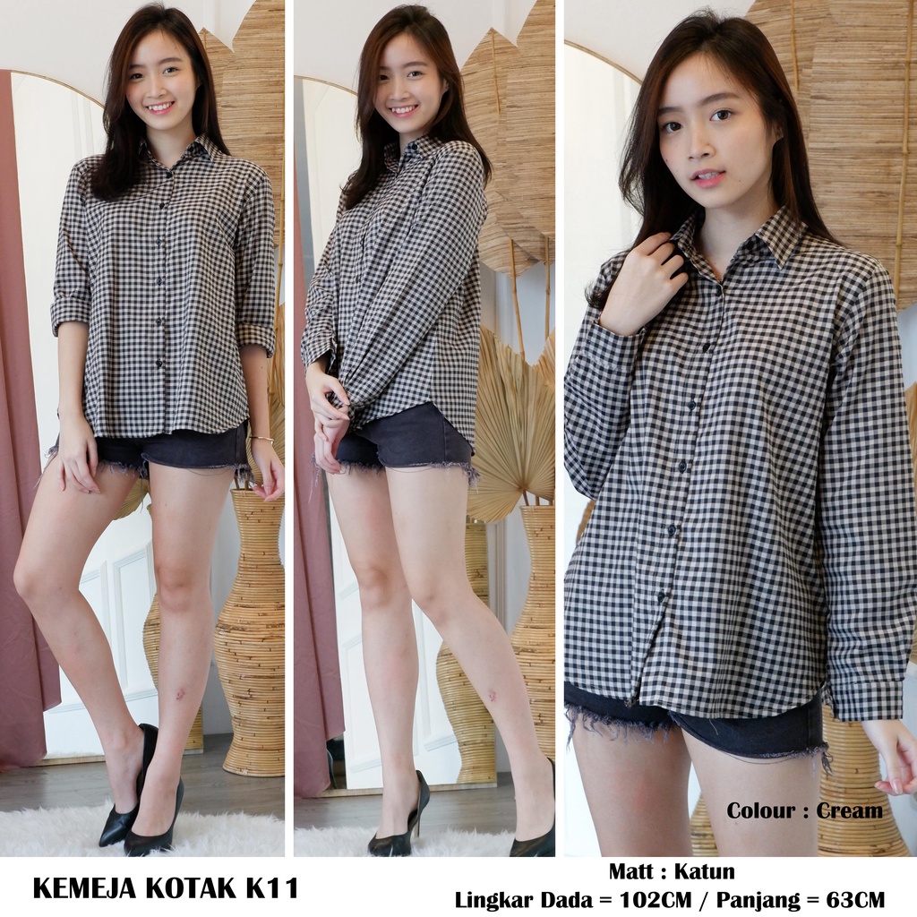 KEMEJA WANITA LENGAN PANJANG MOTIF KOTAK Bahan Katun K11 / K19-4