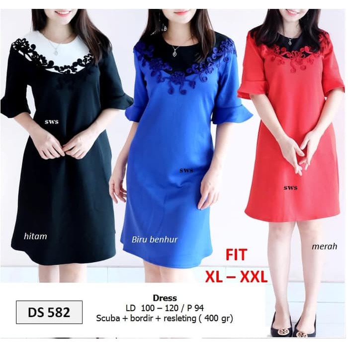 MIDI DRESS SEDS582 DRESS MIDI BORDIR SCUBA WANITA BUMIL BIGSIZE JUMBO XL XXL   IWAZAH OFFICE