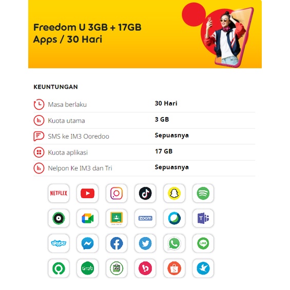 INDOSAT KUOTA 3GB + UNLIMITED APP 24JAM 30 HARI & new freedom 10GB