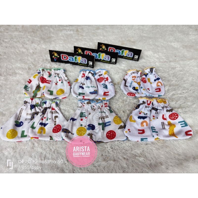 SNI DAFFA PREMIUM - set sarung tangan+kaki bayi motif printing putih