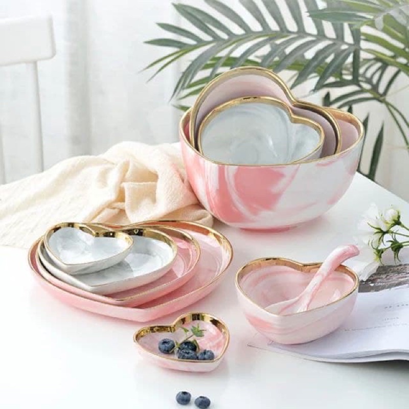 love marble plate bowl / piring mangkok keramik hati motif marmer dengan list gold