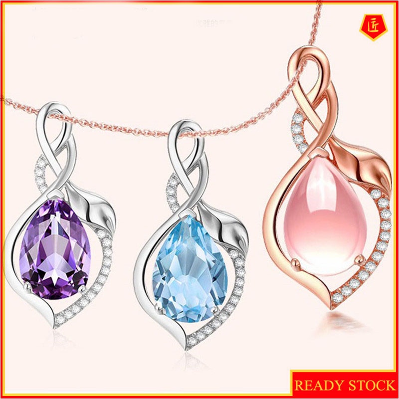 [Ready Stock]Fashion Inlaid Crystal Necklace Rose Gold Plated Rose Quartz Pendant