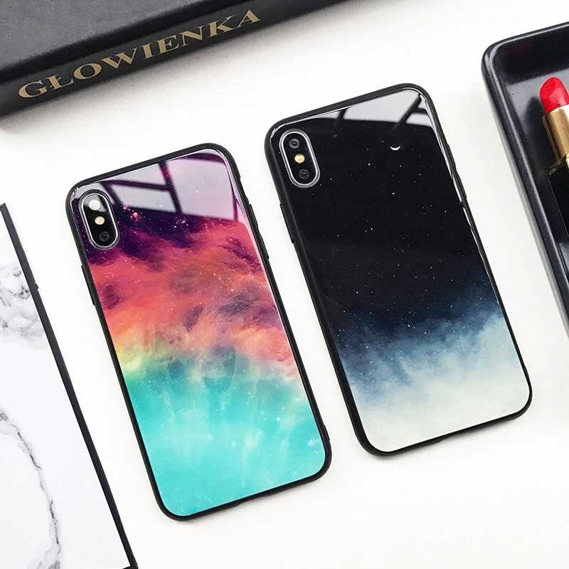 Warna Aurora langit berbintang kaca tempered Hard Case iPhone 11 Pro Max XR XS SE2 6 7 8Plus Case