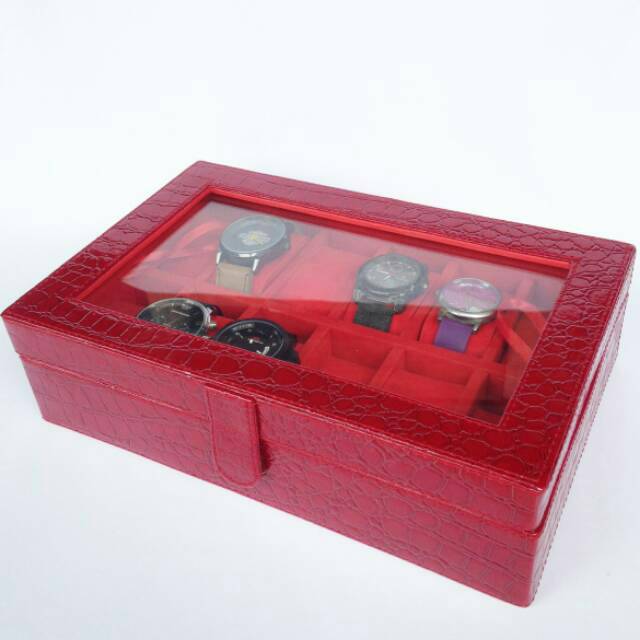 CROCO MERAH - Box Jam Tangan isi 12 / kotak Tempat Jam Tangan Arloji / Watch Box Organizer